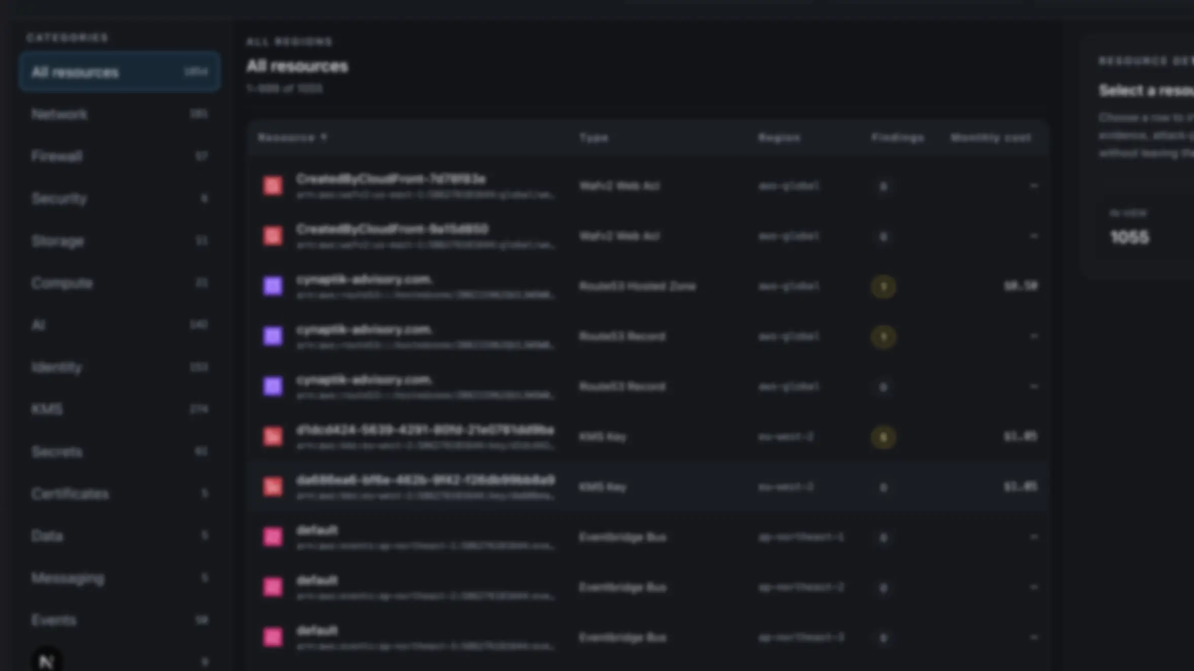 GAIA's resource inventory: every resource classified, with findings and monthly cost beside each